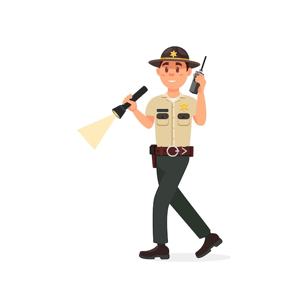 Personagem de policial xerife masculino da cidade em uniforme oficial com ilustração vetorial de rádio e lanterna em um fundo branco