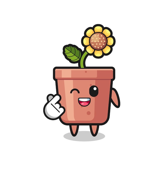 Personagem de pote de girassol fazendo coração de dedo coreano