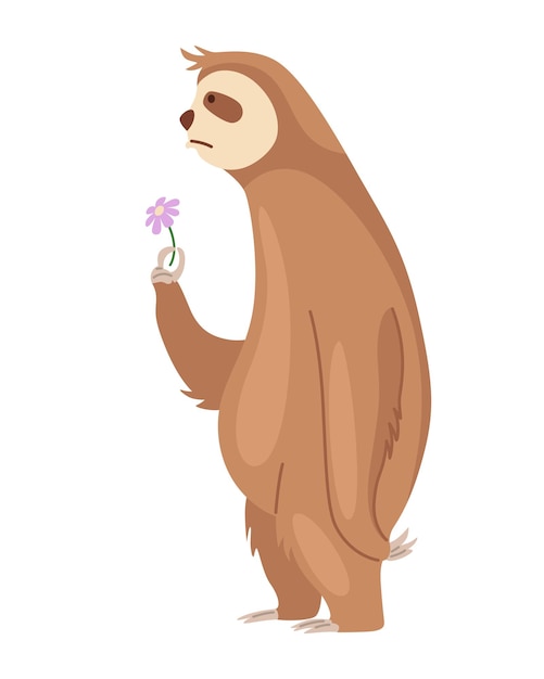 Personagem de preguiça triste concebido e com uma flor personagem de urso-preguiça de desenho bonito animal preguiçoso engraçado ilustração de clip art desenhada à mão preguiça de floresta tropical da selva mamífero tropical ou preguiça adorável