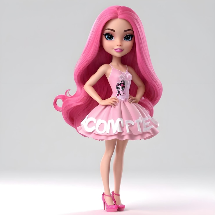 Vetor personagem de princesa com cabelo rosa e um vestido rosa com a palavra alta
