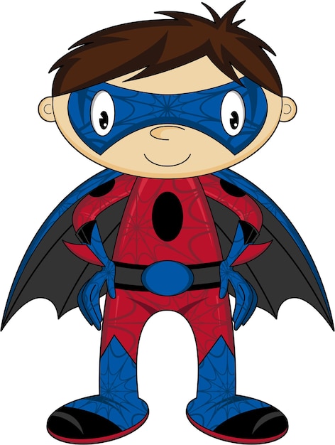 Vetor personagem de quadrinhos de super-herói heróico de desenho animado em máscara e ilustração de fantasia de teia de aranha