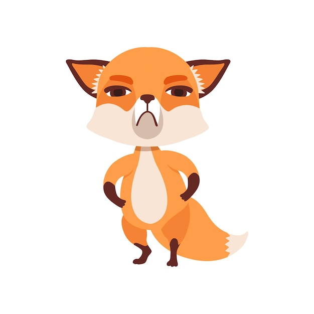 Personagem de raposa cética em pé com patas em sua cintura engraçado animal da floresta ilustração sobre um fundo branco