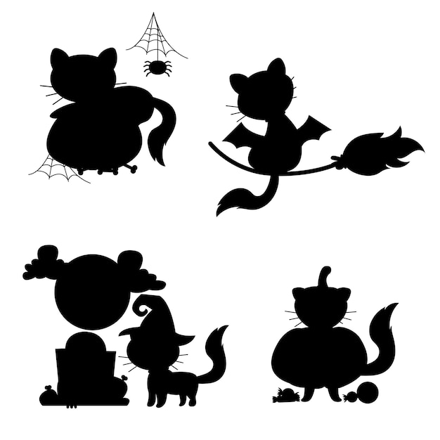 Personagem de silhueta desenhada à mão gato de halloween gato em poses diferentes