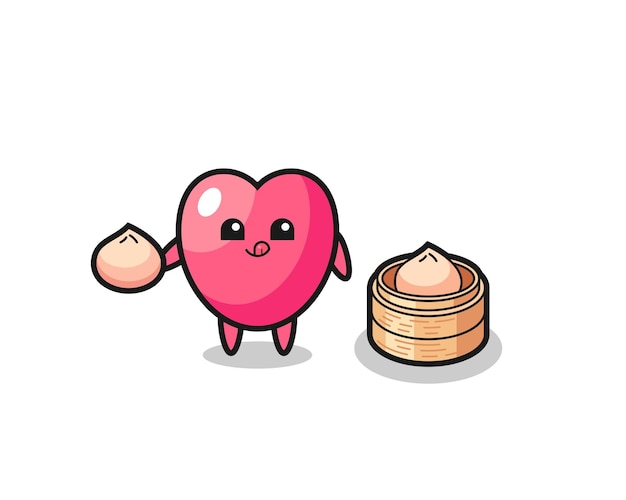 Personagem de símbolo de coração fofo comendo pãezinhos no vapor, design de estilo fofo para camiseta, adesivo, elemento de logotipo