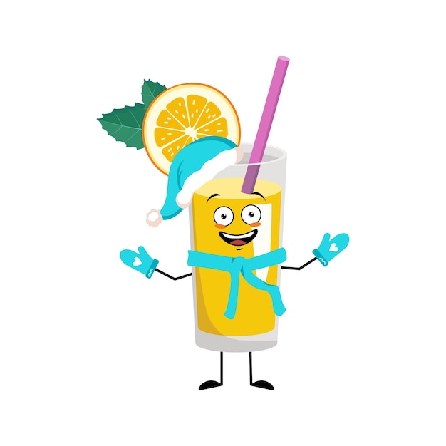 Personagem de smoothie laranja no chapéu de papai noel com cara de emoção feliz sorriso olhos braços e pernas bebida vitamínica saudável em vidro expressão facial engraçada e pose ilustração plana vetorial