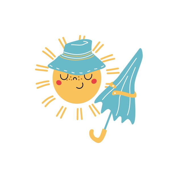 Personagem de sol bonito com chapéu e guarda-chuva