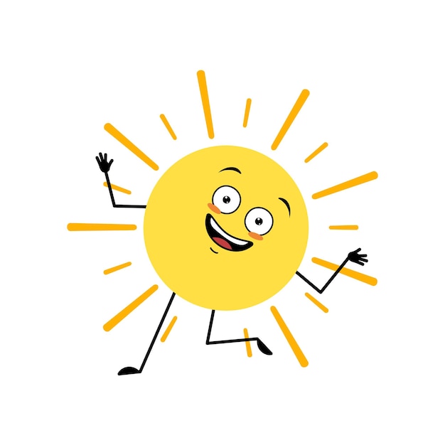 Personagem de sol bonito com emoção feliz louca rosto alegre sorriso olhos dançando braços e pernas pessoa com expressão engraçada e pose ilustração plana vetorial