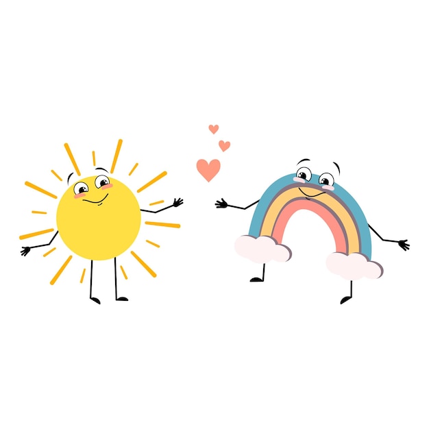 Personagem de sol e arco-íris fofo com emoções de amor rosto feliz sorriso braços e pernas pessoa com expressão feliz e pose ilustração plana vetorial