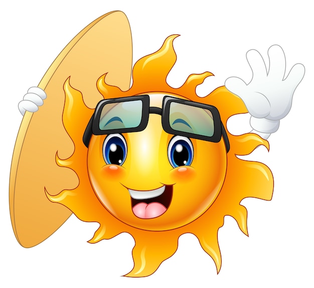 Vetor personagem de sol feliz dos desenhos animados com prancha de surf