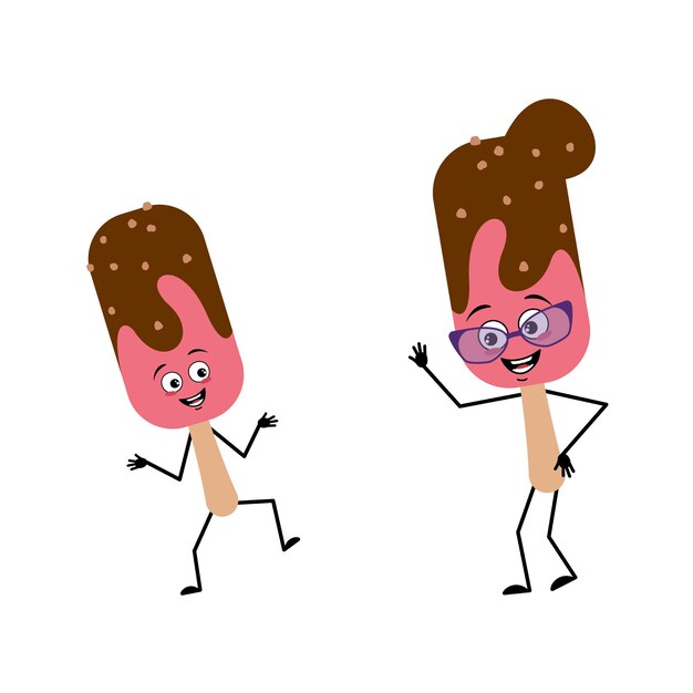 Personagem de sorvete fofa com emoções alegres sorriso rosto olhos felizes braços e pernas doce comida fria de ...