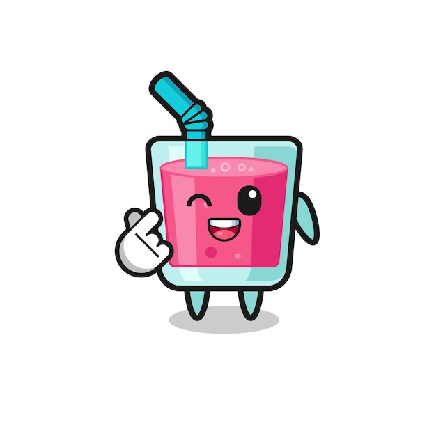 Personagem de suco de morango fazendo coração de dedo coreano