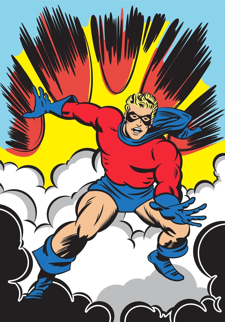 Vetor personagem de super-herói pulando fundo de quadrinhos de explosão