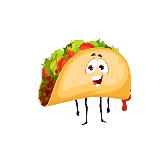 Personagem de tacos mexicanos dos desenhos animados, lanche de fast food. mascote de vetor, refeição feita de tortilha de milho ou trigo com carne de frango grelhado e legumes frescos. tex mex fastfood do méxico, para levar