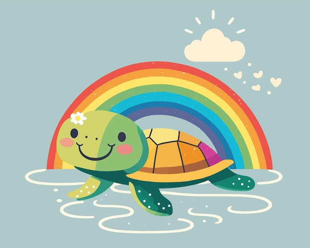 Vetor personagem de tartaruga fofa em uma poça e um arco-íris no céu