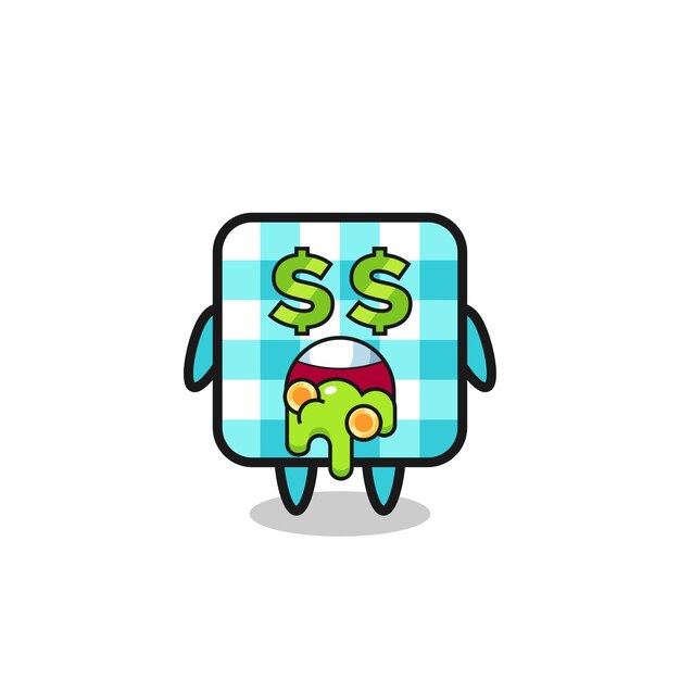 Personagem de toalha de mesa quadriculada com uma expressão de louco por dinheiro