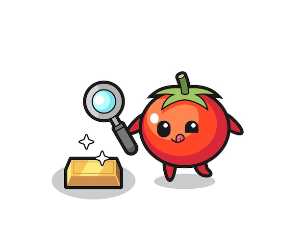 Personagem de tomate está verificando a autenticidade do lingote de ouro