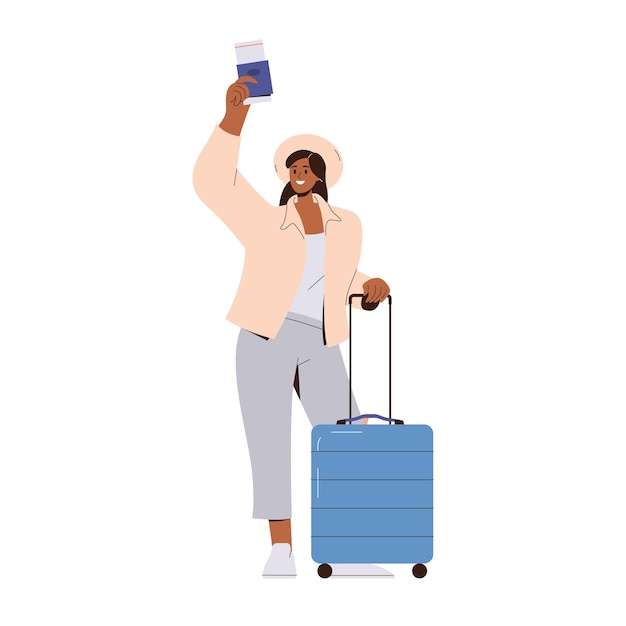 Personagem de turista mulher feliz com mala acenando passaporte pronto para viagens e aventura