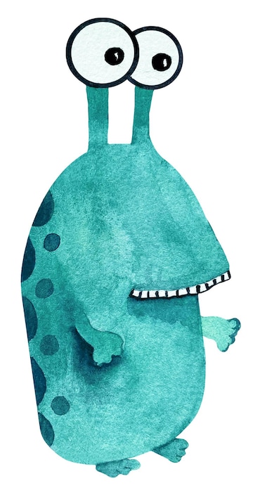 Personagem de ufo alienígena azul de desenho animado em aquarela com  antenas