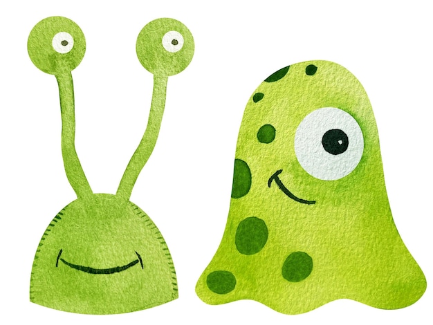 Vetor personagem de ufo de alienígenas verdes de desenho aquarela bonito com antenas