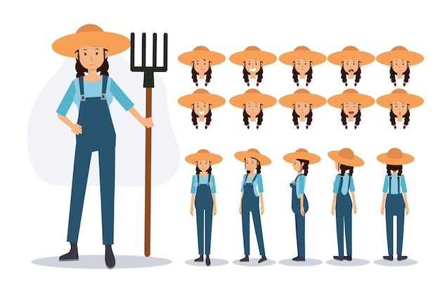 Personagem de uma agricultora em vários pontos de vista, ilustração de personagem de desenho animado 2D plana vetor.