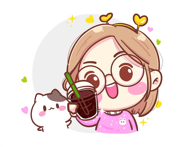 Personagem de uma linda garota e um gatinho segurando a xícara de café sobre fundo branco com tempo de manhã feliz.