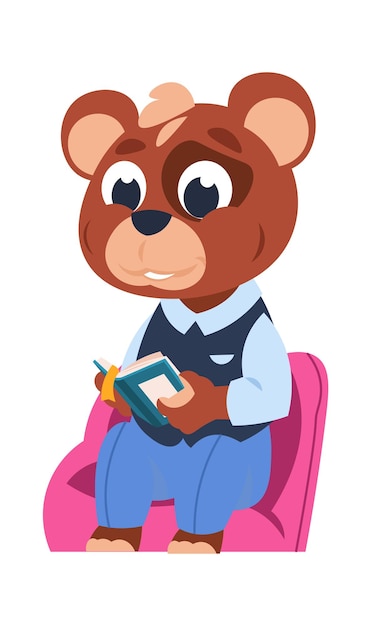 Personagem de urso engraçado animal de desenho animado lendo livro pequeno cidadão da floresta sentado e estudando publicações publicitárias de loja de uniformes para crianças e roupas para crianças ilustração da natureza vetorial