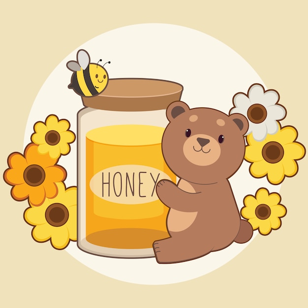 Personagem de urso fofo, abraçando um pote de mel grande com abelhas e flores sobre fundo amarelo