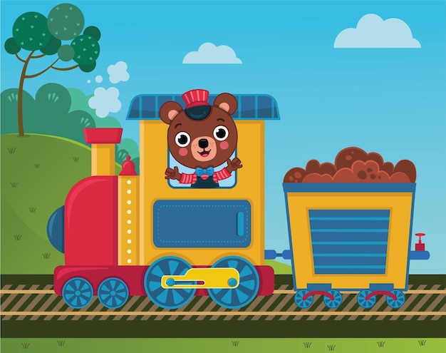 Personagem de urso fofo está dirigindo um trem.