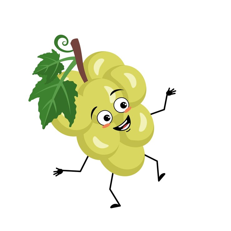 Vetor personagem de uva com emoção feliz, rosto alegre, olhos de sorriso, braços e pernas. pessoa com emoticon de expressão, baga ou fruta. ilustração em vetor plana
