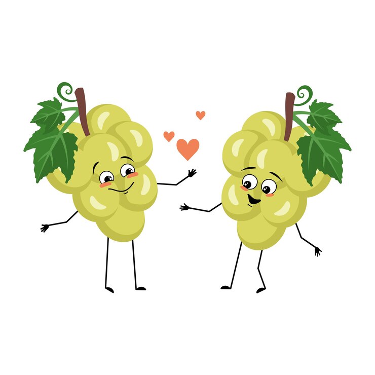Vetor personagem de uva com emoções de amor, rosto de sorriso, braços e pernas. pessoa com expressão feliz, emoticon de baga. ilustração em vetor plana