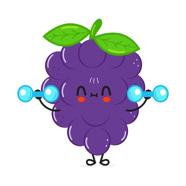 Vetor personagem de uva engraçado bonito com halteres
