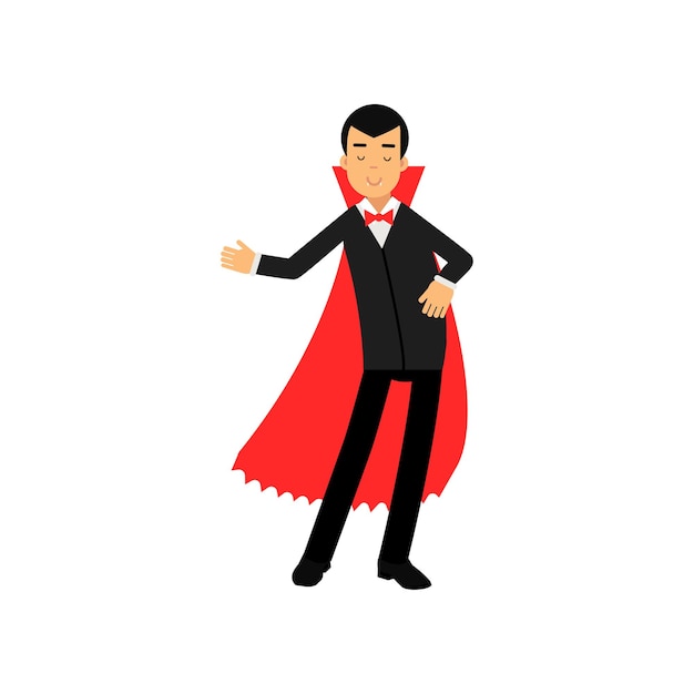 Personagem de vampiro fazendo gesto de boas-vindas, conde drácula vestindo terno preto e ilustração vetorial de capa vermelha isolada em um fundo branco