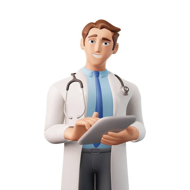Personagem de vetor 3D de um médico em uma gravata de camisa de jaleco branco com um estetoscópio segurando o tablet
