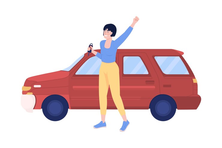 Vetor personagem de vetor de cor semi-plana de dono de carro feliz