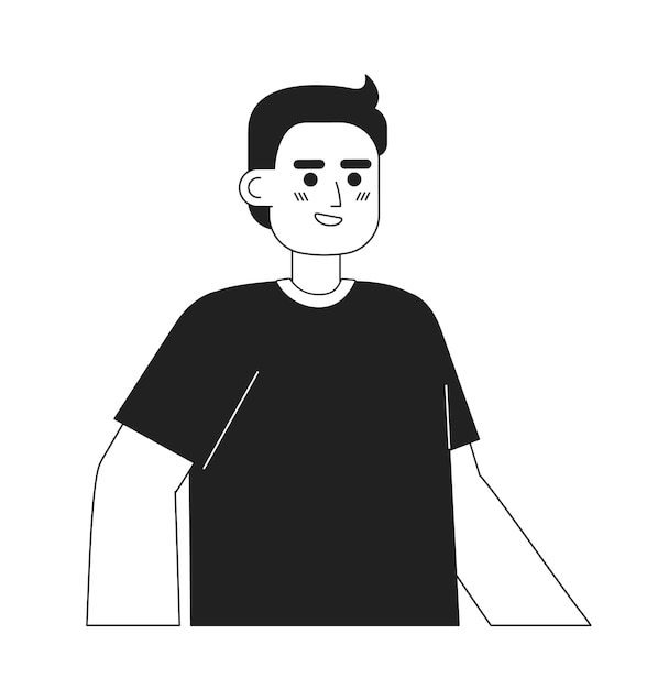 Vetor personagem de vetor plano monocromático jovem caucasiano positivo linha fina editável meio corpo de pessoa alegre em branco imagem de ponto de desenho animado bw simples para design gráfico da web