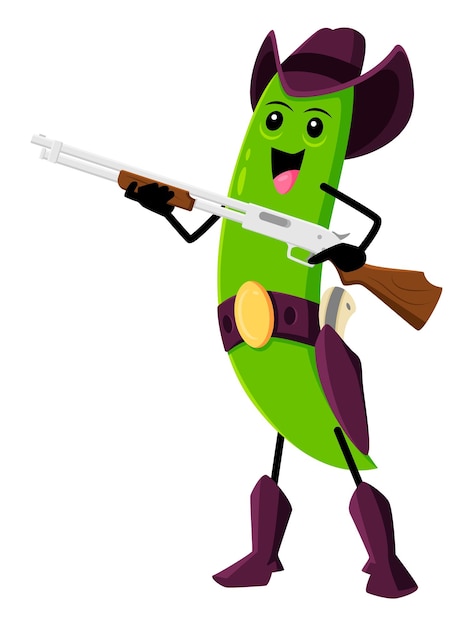 Personagem de xerife de ervilha verde dos desenhos animados, caubói ou ranger de vagem de feijão com arma de espingarda vestimenta do oeste selvagem distintivo de estrela na capa e botas polícia armada engraçada do texas ou personagem de herói defensor