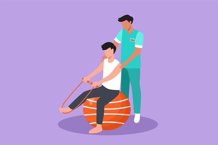 Vetor personagem desenho plano fisioterapia reabilitação isométrica composição com médico especialista ajudando homem paciente a massagear perna com corda hospital de saúde cartoon design vetor ilustração