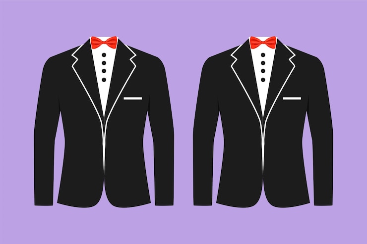 Vetor personagem desenho plano homem estilizado terno formal logotipo modelo de etiqueta flyer adesivo símbolo homens jaqueta homens de casamento terno smoking ícone de roupas no estilo de negócios ilustração em vetor design dos desenhos animados