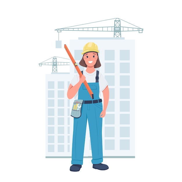 Vetor personagem detalhada da cor lisa do construtor mulher. senhora alegre vestindo uniforme de trabalho. fêmea no canteiro de obras isolada ilustração dos desenhos animados para web design gráfico e animação