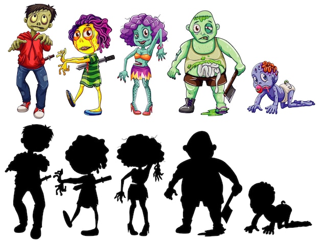 Vetor personagem diferente de zumbis em cores e estilo de desenho de silhueta isolado