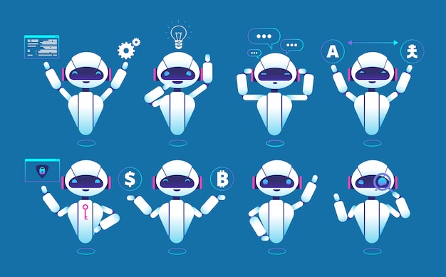 Personagem do chatbot. robô de bate-papo on-line robô bonito em poses diferentes. conjunto isolado chatterbot