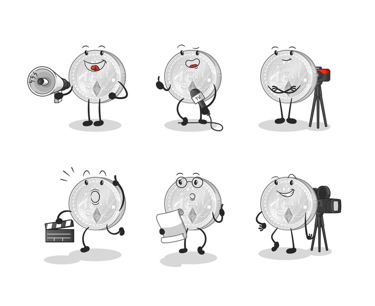 Vetor personagem do grupo de entretenimento de moeda ethereum. vetor mascote dos desenhos animados