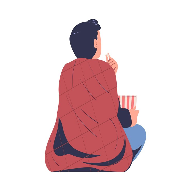 Vetor personagem do homem sentado no chão com pipocas assistindo a um filme em cinema ao ar livre ilustração vetorial