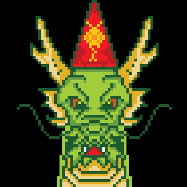 Personagem dragão com chapéu em estilo pixel art em fundo preto