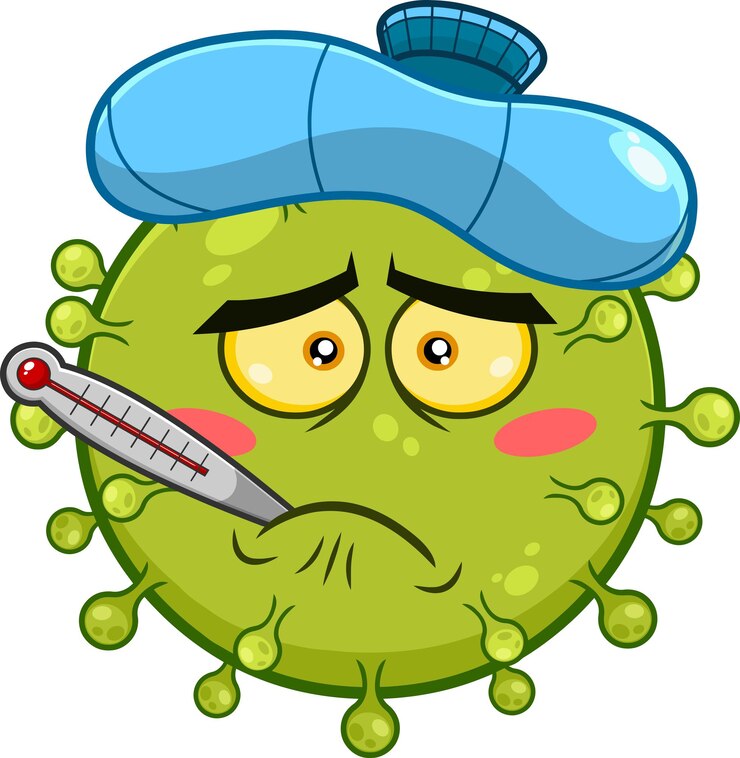 Vetor personagem emoji de desenho animado doente febril de coronavírus covid19 com bolsa de gelo