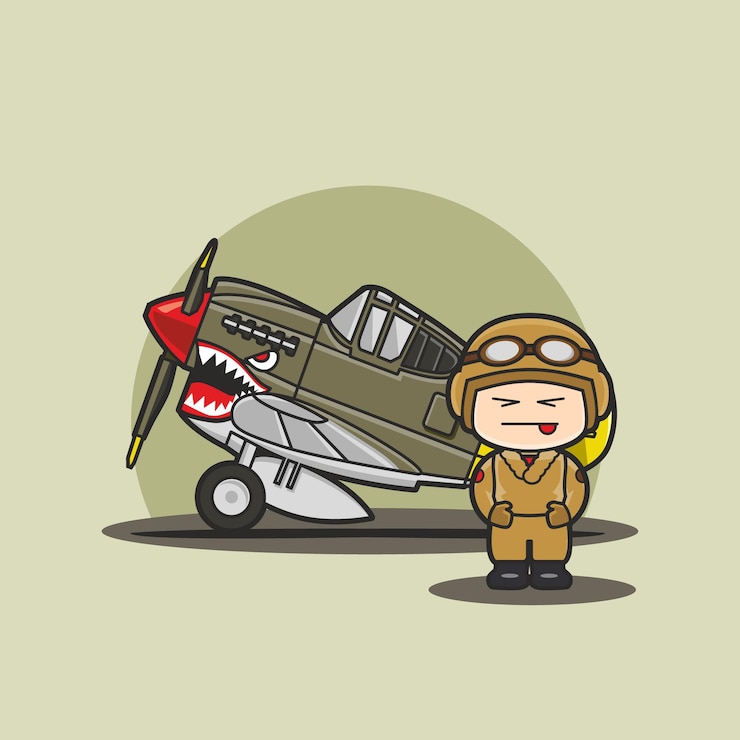 Vetor personagem engraçada e fofa do avião do veículo militar chibi com um soldado