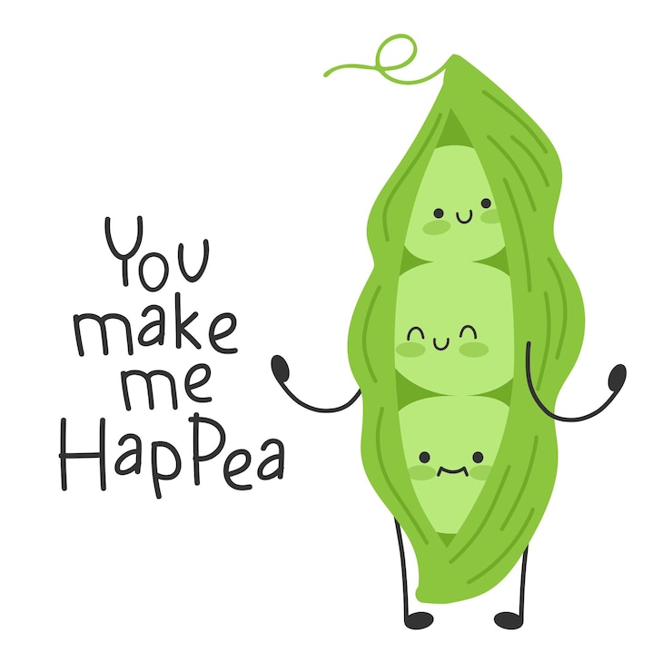 Personagem engraçado de desenho animado bonito de ervilhas. Feliz e sorridente. Slogan inspirador. Você me faz feliz