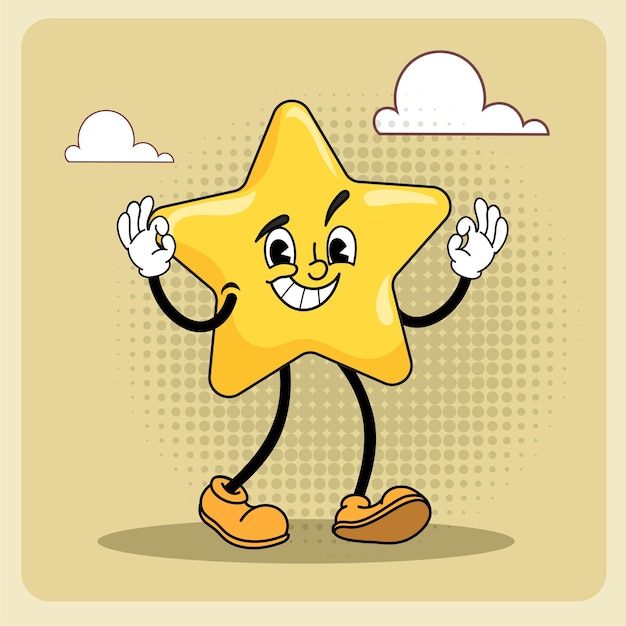 Vetor personagem estrela de desenho animado sorrindo e mostrando ok mascote vintage retrô alegre dos anos 20 ilustração em vetor