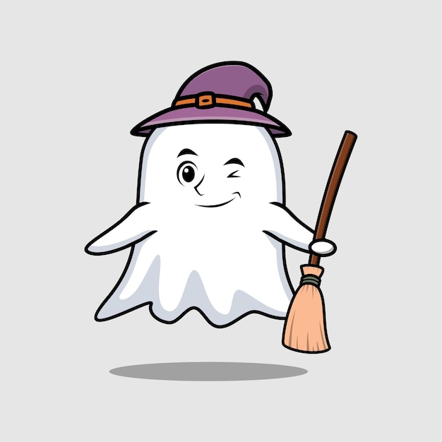 Personagem fantasma bonito em forma de bruxa de desenho animado com chapéu e vassoura design moderno e elegante