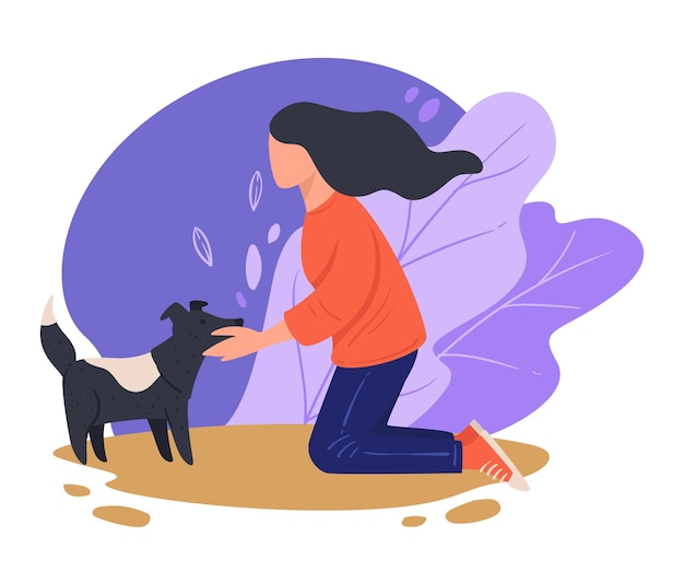 Personagem feminina abraçando cachorro vadio ao ar livre, mulher isolada com animal doméstico, cuidando do animal de estimação